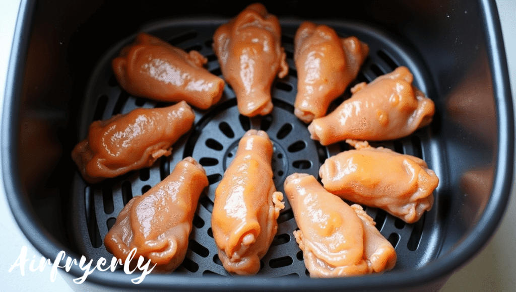 Frozen chicken wings placed in single layer inside air fryer basket for even crisp cooking.