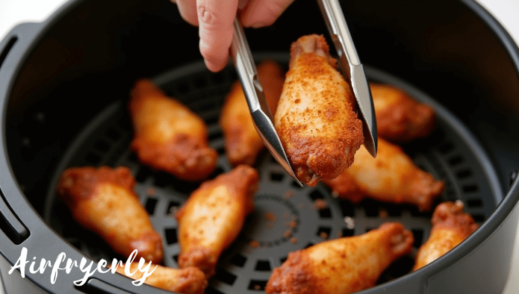 Half-cooked frozen chicken wings in air fryer being flipped and seasoned with oil spray and spices.