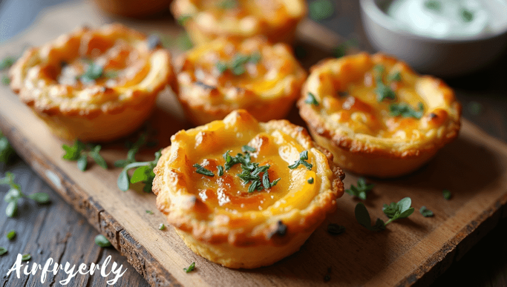 Golden, crispy frozen mini quiche in air fryer basket, perfectly baked with flaky crust and creamy filling, ready to serve for breakfast or snack.