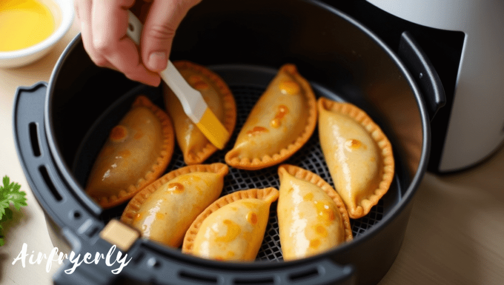 Brushing frozen empanadas with egg wash for a shiny golden finish before air frying.