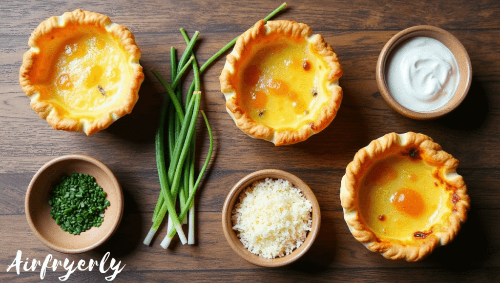 Ingredients for frozen mini quiche in air fryer recipe including mini quiches, Parmesan cheese, chives, and parsley on a wooden board.