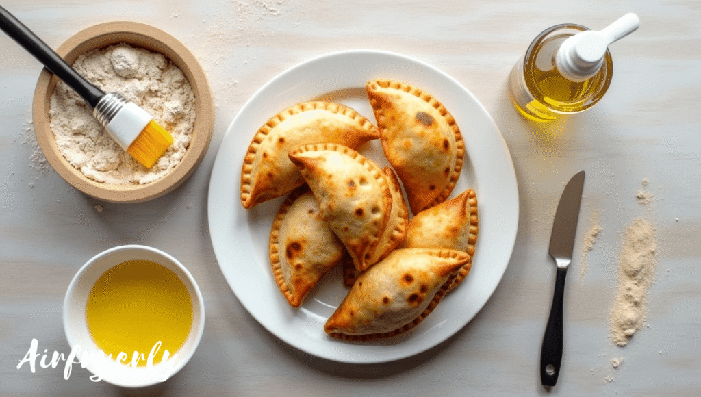 Ingredients for Air Fryer Frozen Empanadas including frozen empanadas, cooking oil spray, and beaten egg for egg wash arranged neatly on a kitchen counter.