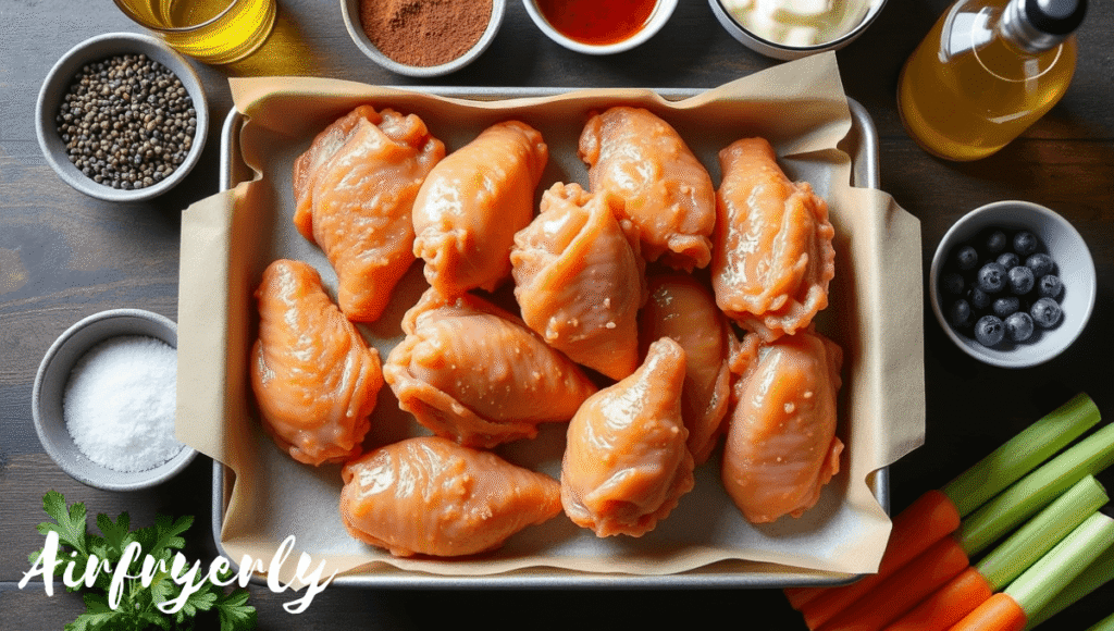 Ingredients for frozen chicken wings air fryer recipe including wings, olive oil spray, salt, pepper, garlic powder, paprika, and dipping sauces.