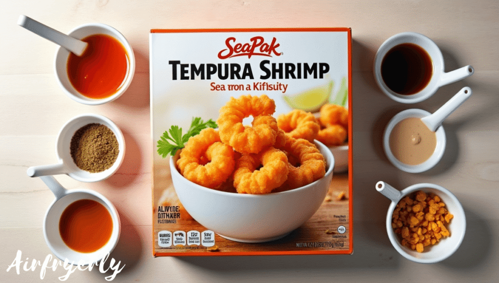 Ingredients for SeaPak Tempura Shrimp Air Fryer recipe including frozen shrimp, dipping sauces, and seasonings arranged neatly on a kitchen counter before cooking.