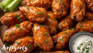 Crispy frozen chicken wings air fryer tossed in buffalo sauce and served with celery, carrots, and ranch dip.