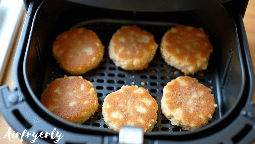 Frozen crab cakes arranged in a single layer inside air fryer basket before cooking, showing correct spacing — How Long to Cook Frozen Crab Cakes in Air Fryer.
