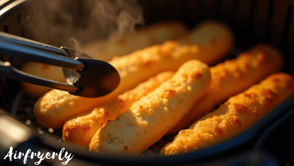Cooking frozen garlic bread sticks in air fryer at 350°F, halfway flipped for even golden brown texture.