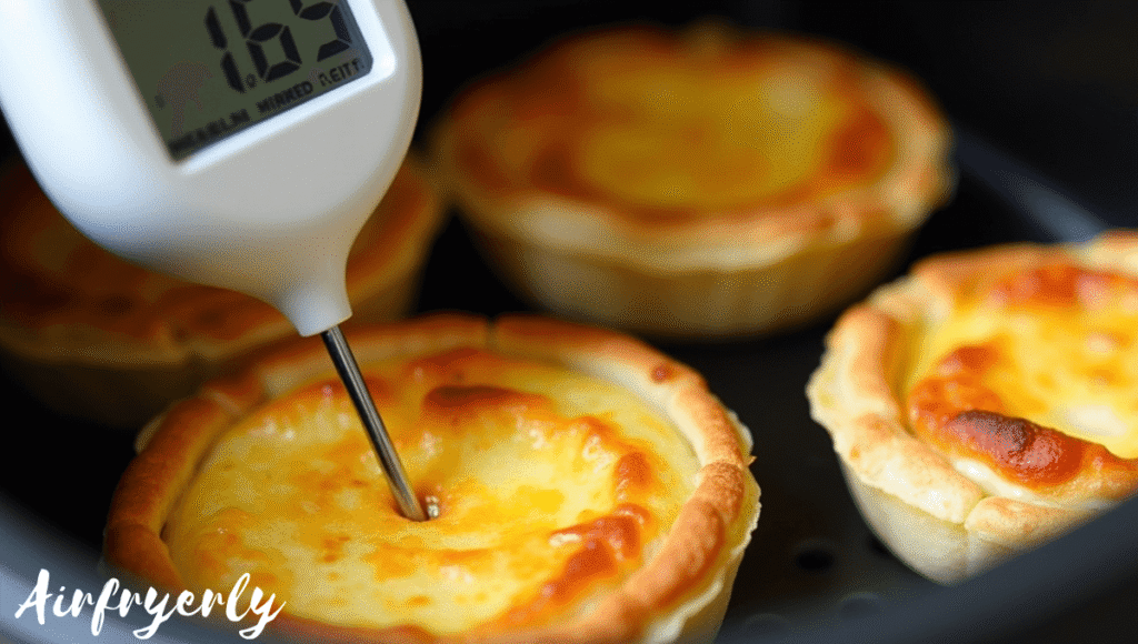 Checking doneness of frozen mini quiche in air fryer using thermometer to ensure internal temperature reaches 165°F.