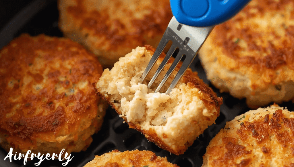 Close-up of golden crab cakes with thermometer reading 165°F and flaky inside texture, showing doneness — How Long to Cook Frozen Crab Cakes in Air Fryer final result.