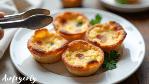 Hot and crispy frozen mini quiche in air fryer served on a plate, ready to enjoy as a quick breakfast or appetizer.