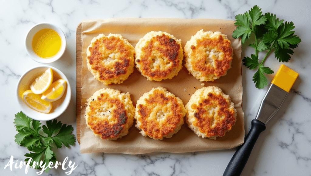 Uncooked frozen crab cakes with parsley, lemon wedges, and melted butter ingredients arranged neatly on a wooden surface — How Long to Cook Frozen Crab Cakes in Air Fryer recipe prep.