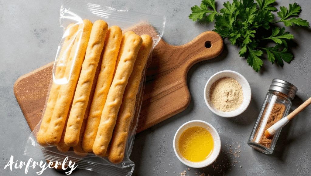 Ingredients for frozen garlic bread sticks in air fryer including frozen breadsticks, butter, and garlic powder arranged neatly on a kitchen counter.