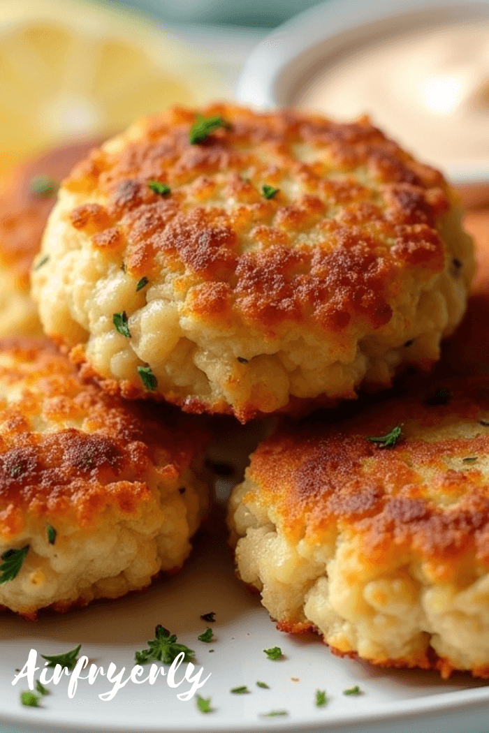 Golden-brown frozen crab cakes in air fryer basket, crispy and flaky with lemon wedges on the side, showing perfect texture and color — How Long to Cook Frozen Crab Cakes in Air Fryer.