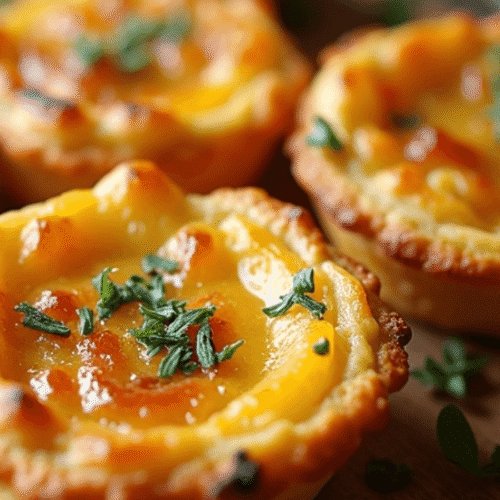 Golden, crispy frozen mini quiche in air fryer basket, perfectly baked with flaky crust and creamy filling, ready to serve for breakfast or snack.