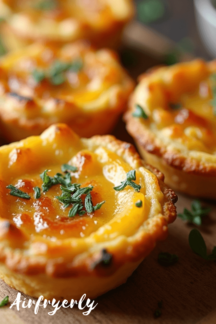 Golden, crispy frozen mini quiche in air fryer basket, perfectly baked with flaky crust and creamy filling, ready to serve for breakfast or snack.