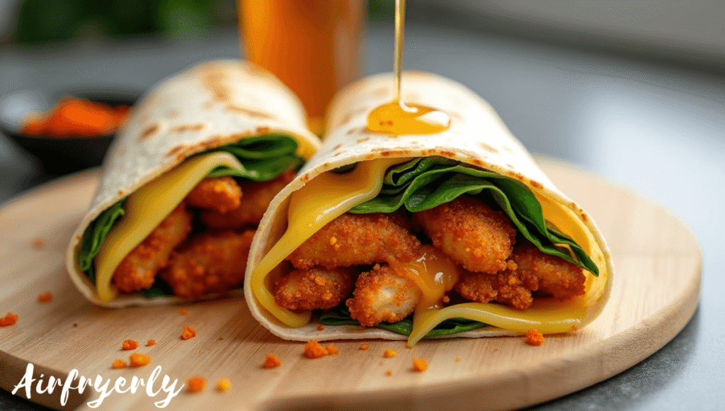 Air Fryer Hot Chicken and Cheese Wrap filled with crispy chicken, hot honey drizzle, melted cheddar cheese, and fresh spinach in a soft tortilla. The golden wrap is sliced in half showing the sweet and spicy layers.