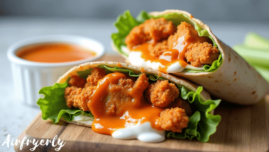 Air Fryer Hot Chicken and Cheese Wrap tossed in buffalo sauce with melted pepper jack cheese, ranch dressing, and crisp lettuce inside a tortilla. Served warm with extra buffalo dip on the side.
