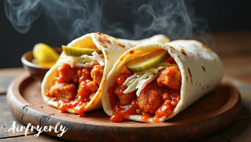 Nashville-style Air Fryer Hot Chicken and Cheese Wrap loaded with spicy chicken, creamy pepper jack cheese, pickles, and crunchy coleslaw in a toasted tortilla. Brushed with homemade Nashville hot oil for fiery flavor.