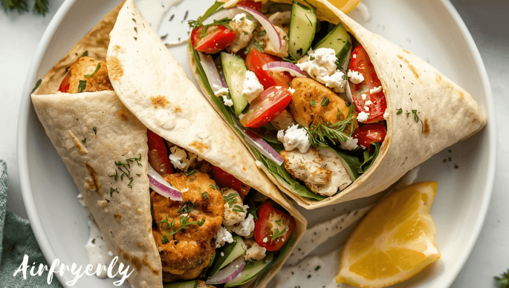 Mediterranean Air Fryer Hot Chicken and Cheese Wrap packed with crispy chicken, feta cheese, cucumbers, tomatoes, red onions, and creamy tzatziki sauce. Fresh, colorful, and light wrap with Greek-inspired flavors.