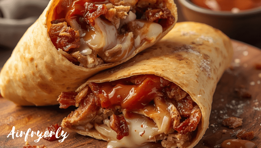 BBQ Air Fryer Hot Chicken and Cheese Wrap featuring smoky gouda, crispy bacon, sweet BBQ sauce, and caramelized onions inside a toasted tortilla. Comfort food style with rich, smoky layers of flavor.