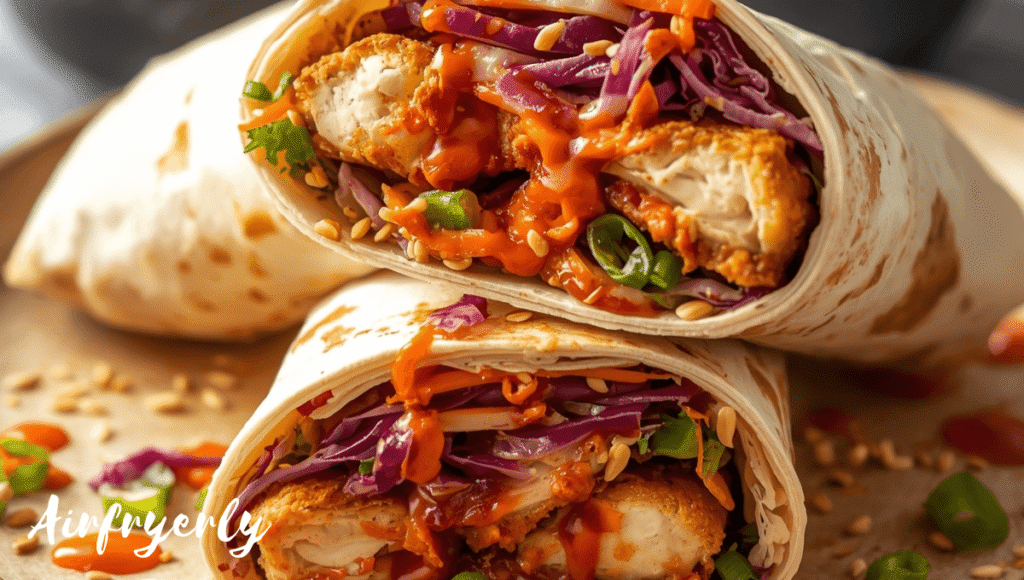 Asian-style Air Fryer Hot Chicken and Cheese Wrap with sriracha-glazed chicken, sesame seeds, Asian slaw, and spicy mayo rolled in a tortilla. Garnished with extra sesame and sriracha drizzle for bold fusion flavor.