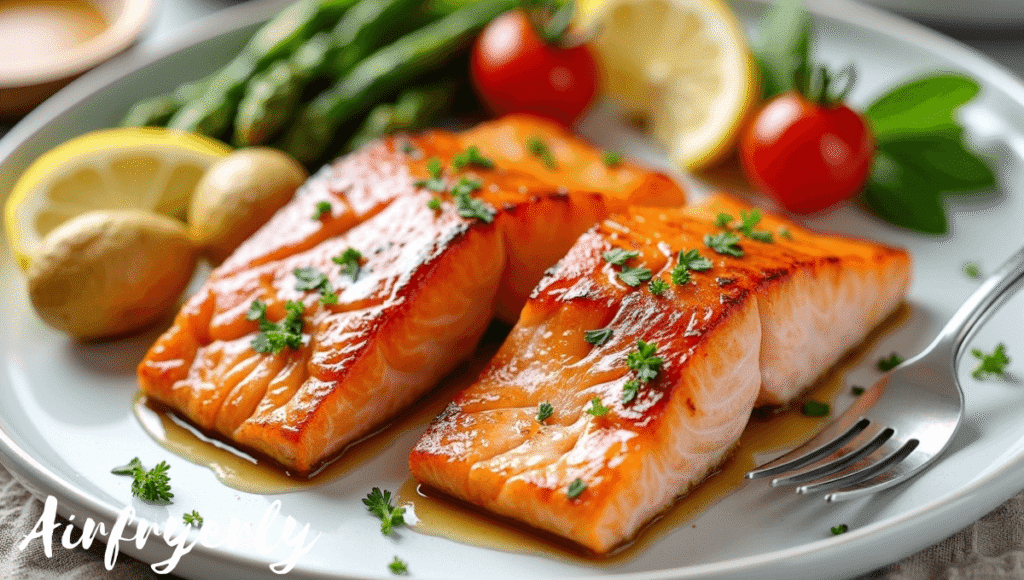 Two golden, glazed Air Fryer Honey Mustard Salmon fillets on a white plate with lemon wedges and fresh parsley. Served with air-fried asparagus and cherry tomatoes, showing the caramelized honey mustard glaze and flaky texture, ready for a quick and healthy weeknight dinner