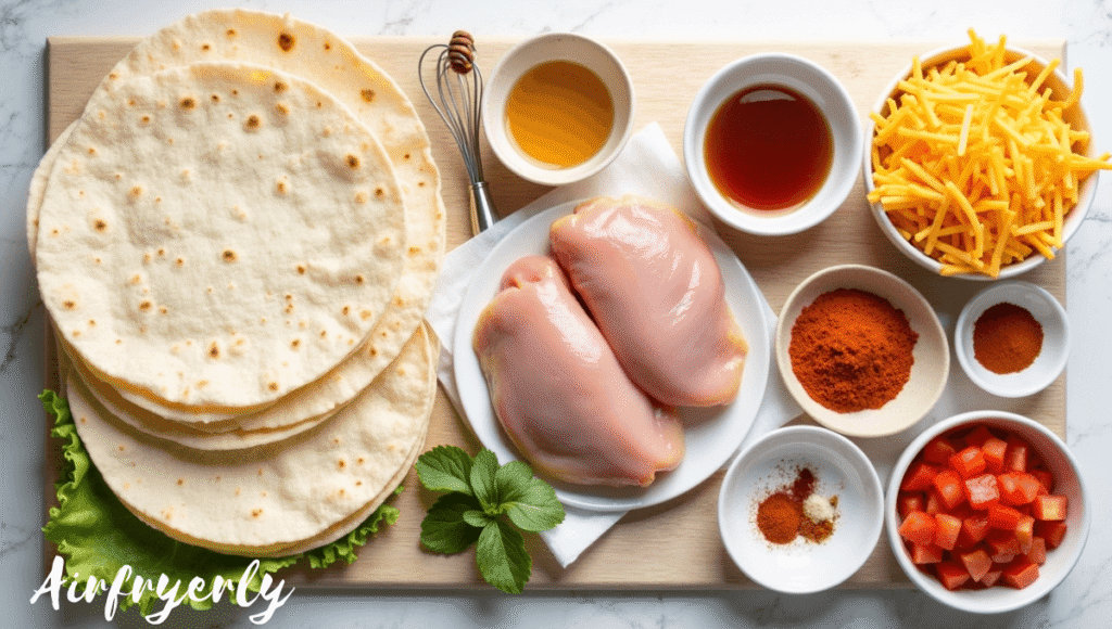 Ingredients for Air Fryer Hot Chicken and Cheese Wraps including chicken breasts, hot honey, shredded cheese, fresh spinach, tortillas, and seasonings like paprika and garlic powder arranged neatly on a kitchen counter.