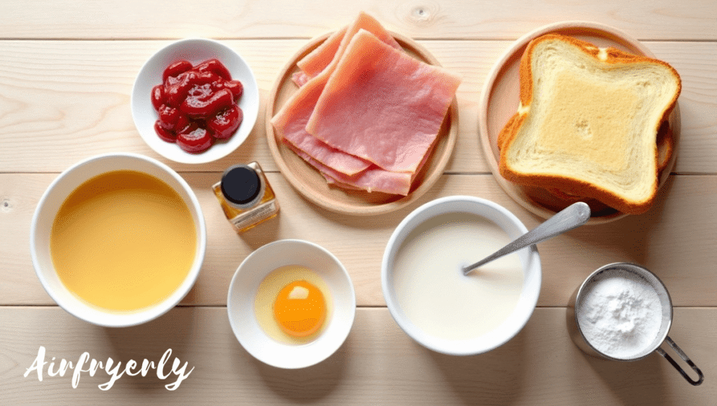 “Air Fryer Monte Cristo ingredients including pancake batter, Texas toast, Swiss cheese, ham, powdered sugar, and raspberry jelly arranged neatly with measuring cups and mixing bowl.”