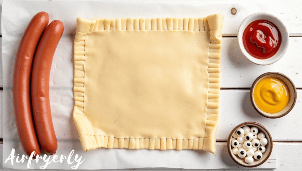 Flat lay of all ingredients for Mummy Hot Dogs Air Fryer: raw hot dogs, unrolled crescent roll dough, candy eyes, small bowls of ketchup and mustard, on a wooden countertop. Bright natural lighting highlights textures and colors, perfect for Halloween-themed cooking prep.