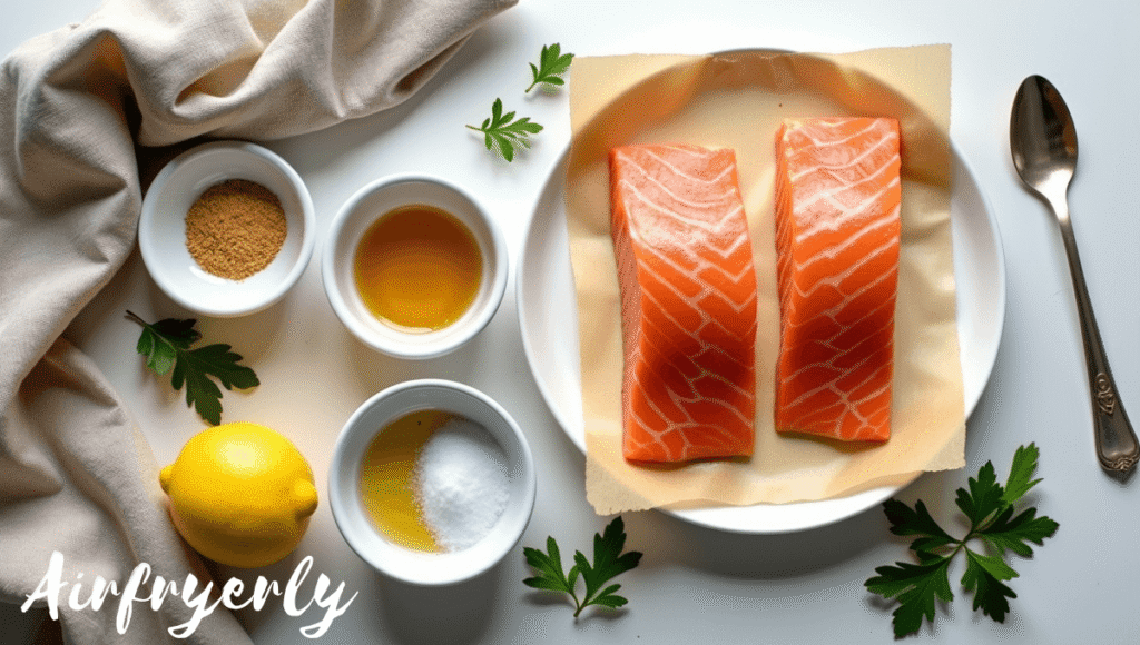 Ingredients and steps for Air Fryer Honey Mustard Salmon: two fresh salmon fillets, Dijon mustard, honey, olive oil, garlic powder, salt, and pepper arranged on a board.