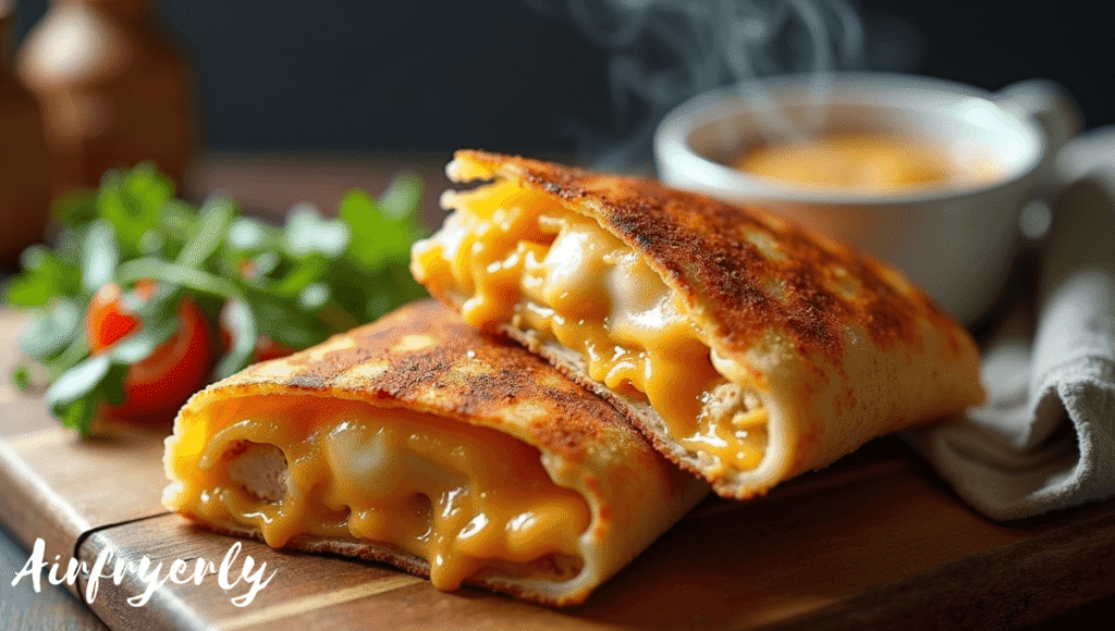 Crispy Air Fryer Hot Chicken and Cheese Wraps sliced in half to show juicy chicken, melted cheese, and fresh veggies wrapped in a warm tortilla. Perfectly golden and air-fried for a crunchy bite with gooey cheese inside.