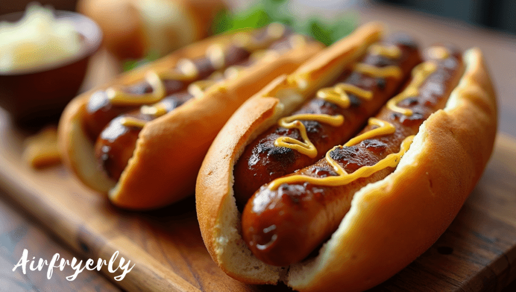 Golden-brown brats in air fryer basket, perfectly cooked with crisp skins and juicy centers, ready to serve with buns and toppings.