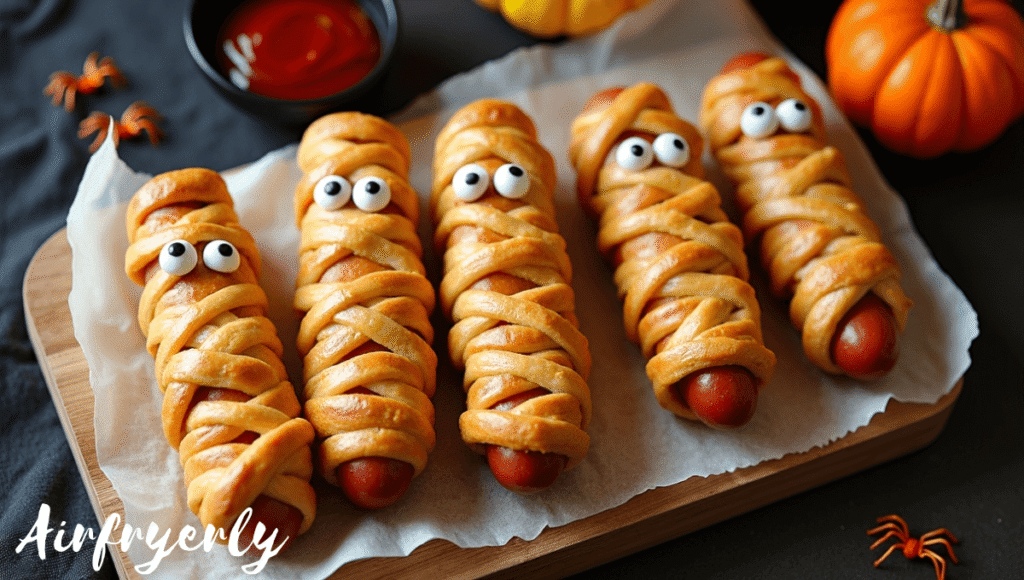 Overhead shot of golden-brown Classic Mummy Hot Dogs Air Fryer with candy eyes, crisp crescent roll “bandages,” served on a Halloween-themed plate with ketchup for dipping