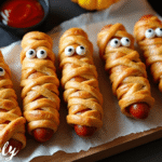 Overhead shot of golden-brown Classic Mummy Hot Dogs Air Fryer with candy eyes, crisp crescent roll “bandages,” served on a Halloween-themed plate with ketchup for dipping