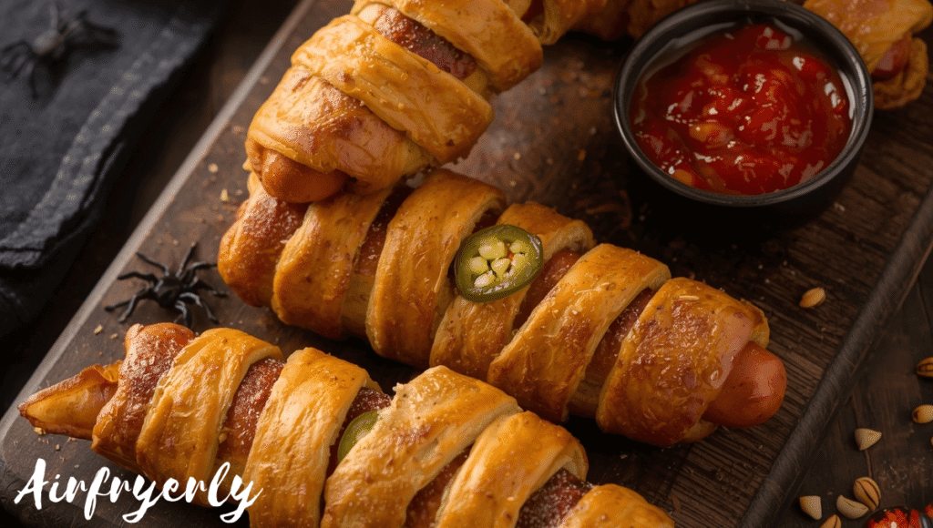 Front-angle shot of Spicy Mummy Hot Dogs Air Fryer topped with thin jalapeño slices, golden-brown crispy dough, candy eyes, and served with a small bowl of spicy dipping sauce.