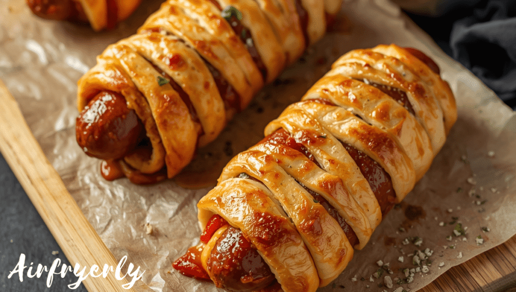 Overhead view of Pizza Mummy Hot Dogs Air Fryer with pizza sauce brushed inside crescent roll wraps, sprinkled with Italian seasoning and mini pepperoni, served on a festive plate.