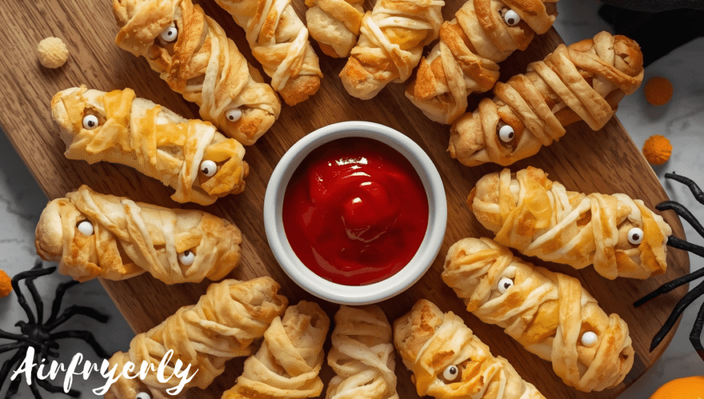 Top-down shot of Mini Mummy Hot Dogs Air Fryer on a Halloween platter, bite-sized cocktail sausages wrapped in crescent dough with candy eyes, paired with small dipping bowls of ketchup and mustard.