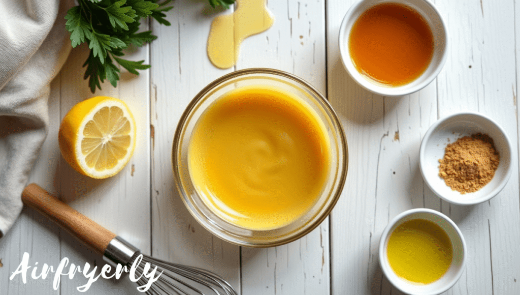 “Whisking Dijon mustard, honey, olive oil, and garlic powder in a small bowl to make the honey mustard sauce for Air Fryer Honey Mustard Salmon.”