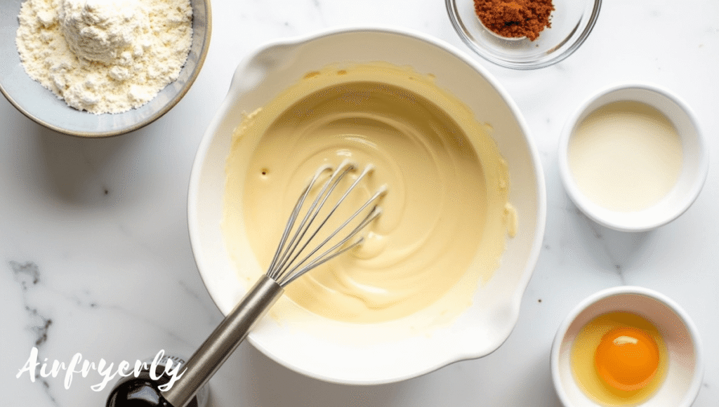 “Whisking pancake batter for Air Fryer Monte Cristo in a mixing bowl, showing smooth, dippable consistency for sandwich coating.”