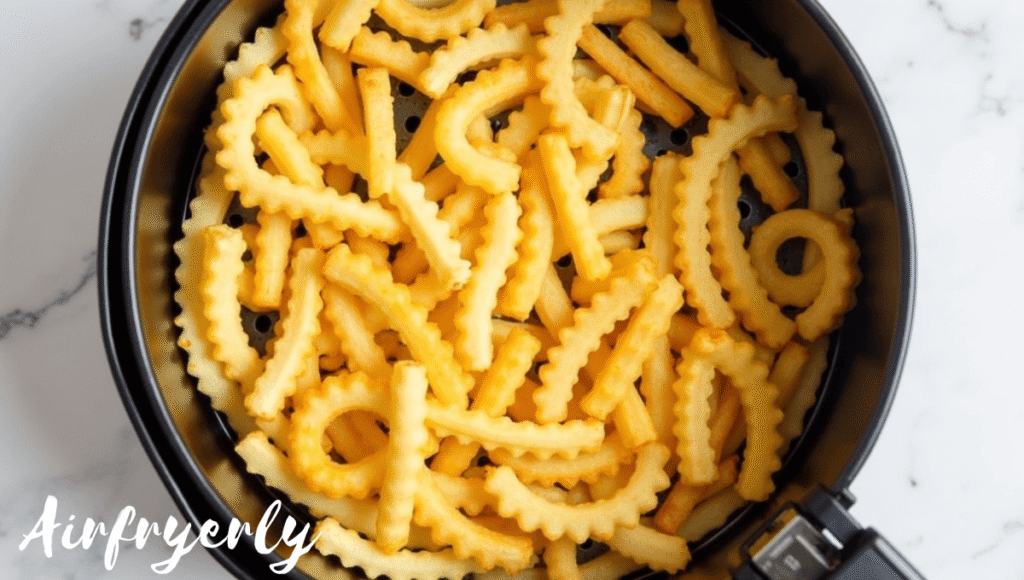 Ore Ida Golden Crinkles arranged in a single layer in the air fryer basket for the Air Fry Ore Ida Golden Crinkles recipe.