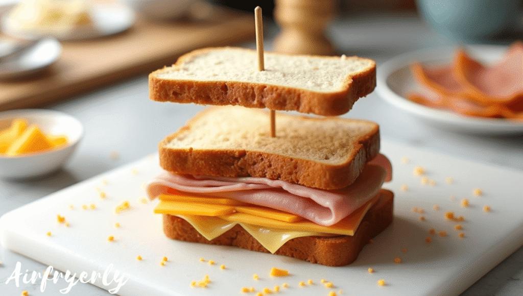 “Assembled Air Fryer Monte Cristo sandwich with layers of Texas toast, Swiss cheese, and ham, secured with toothpicks ready for cooking.”
