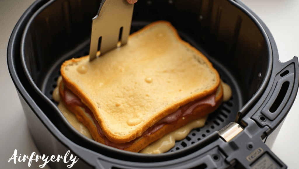 “Air Fryer Monte Cristo sandwich being placed in an air fryer basket, coated with pancake batter, ready to cook to golden, crispy perfection.”