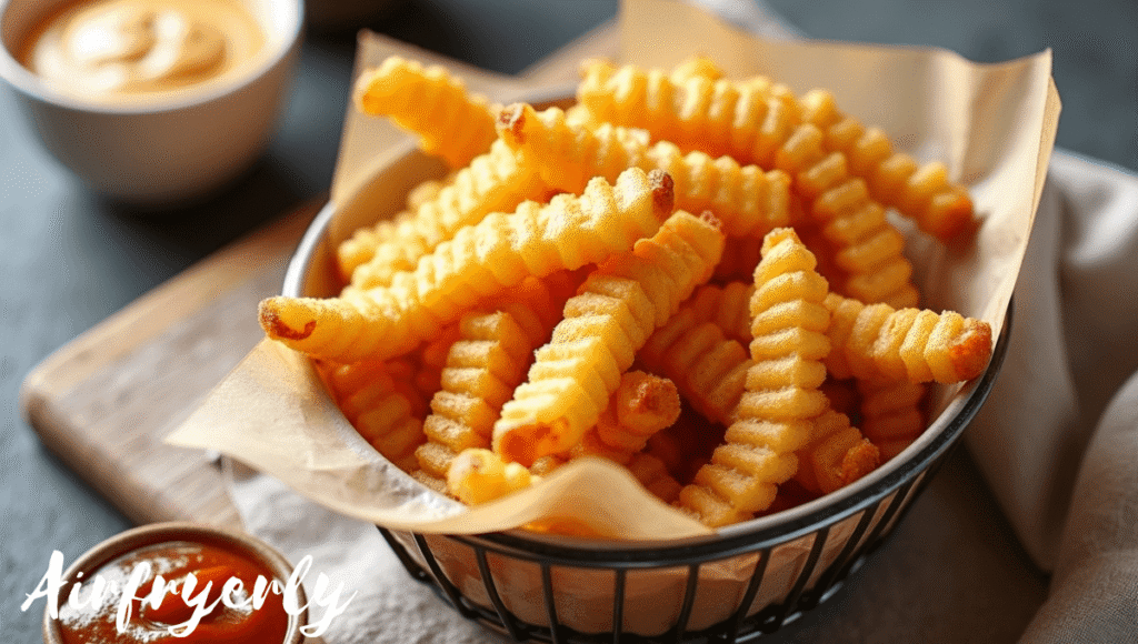 Hot and crispy Air Fry Ore Ida Golden Crinkles served immediately to keep the texture fluffy inside and crunchy outside.
