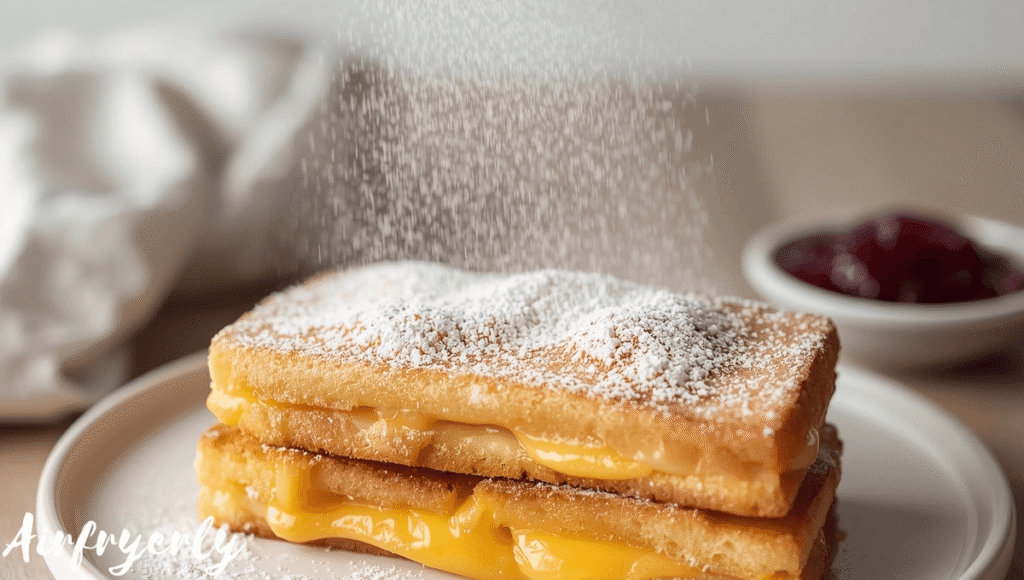 “Air Fryer Monte Cristo sandwich dusted with powdered sugar, highlighting golden crispy crust and sweet finishing touch.”