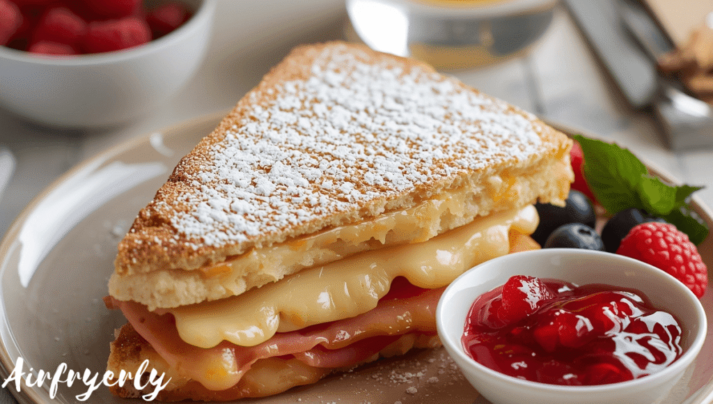 “Diagonally sliced Air Fryer Monte Cristo sandwich served with raspberry jelly, showing melted cheese, layers of ham, and golden crust for brunch or snack.”