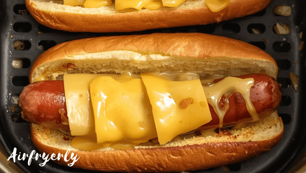 Melted cheese topping over cooked brats in toasted buns inside warm air fryer, gooey and delicious.