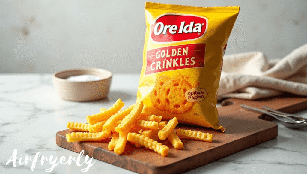 A bag of Ore Ida Golden Crinkles placed next to an air fryer, showing the simple one-ingredient setup needed to make Air Fry Ore Ida Golden Crinkles.