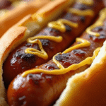 Golden-brown brats in air fryer basket, perfectly cooked with crisp skins and juicy centers, ready to serve with buns and toppings.