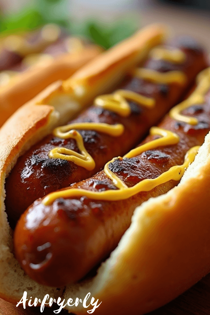Golden-brown brats in air fryer basket, perfectly cooked with crisp skins and juicy centers, ready to serve with buns and toppings.