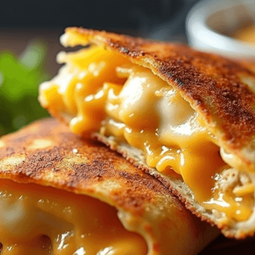 Crispy Air Fryer Hot Chicken and Cheese Wraps sliced in half to show juicy chicken, melted cheese, and fresh veggies wrapped in a warm tortilla. Perfectly golden and air-fried for a crunchy bite with gooey cheese inside.